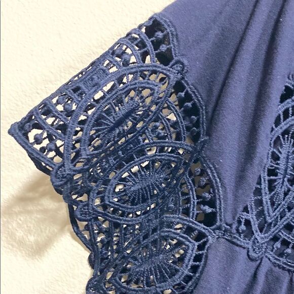 LOFT Navy Crochet Lace Yoke Short Sleeve Blouse XS Boho Feminine Top - Picture 5 of 12